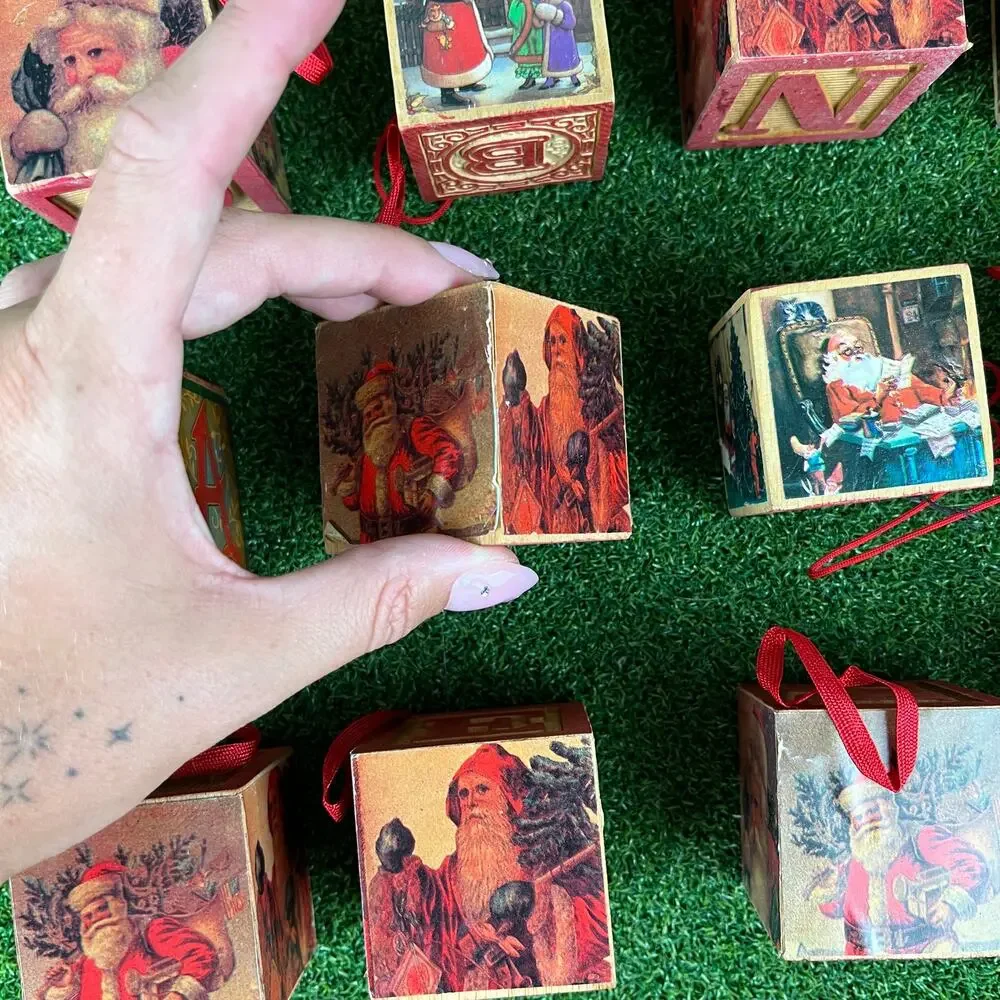 Set of 16 Vintage Wooden Alphabet and Santa Claus Christmas Block Ornaments